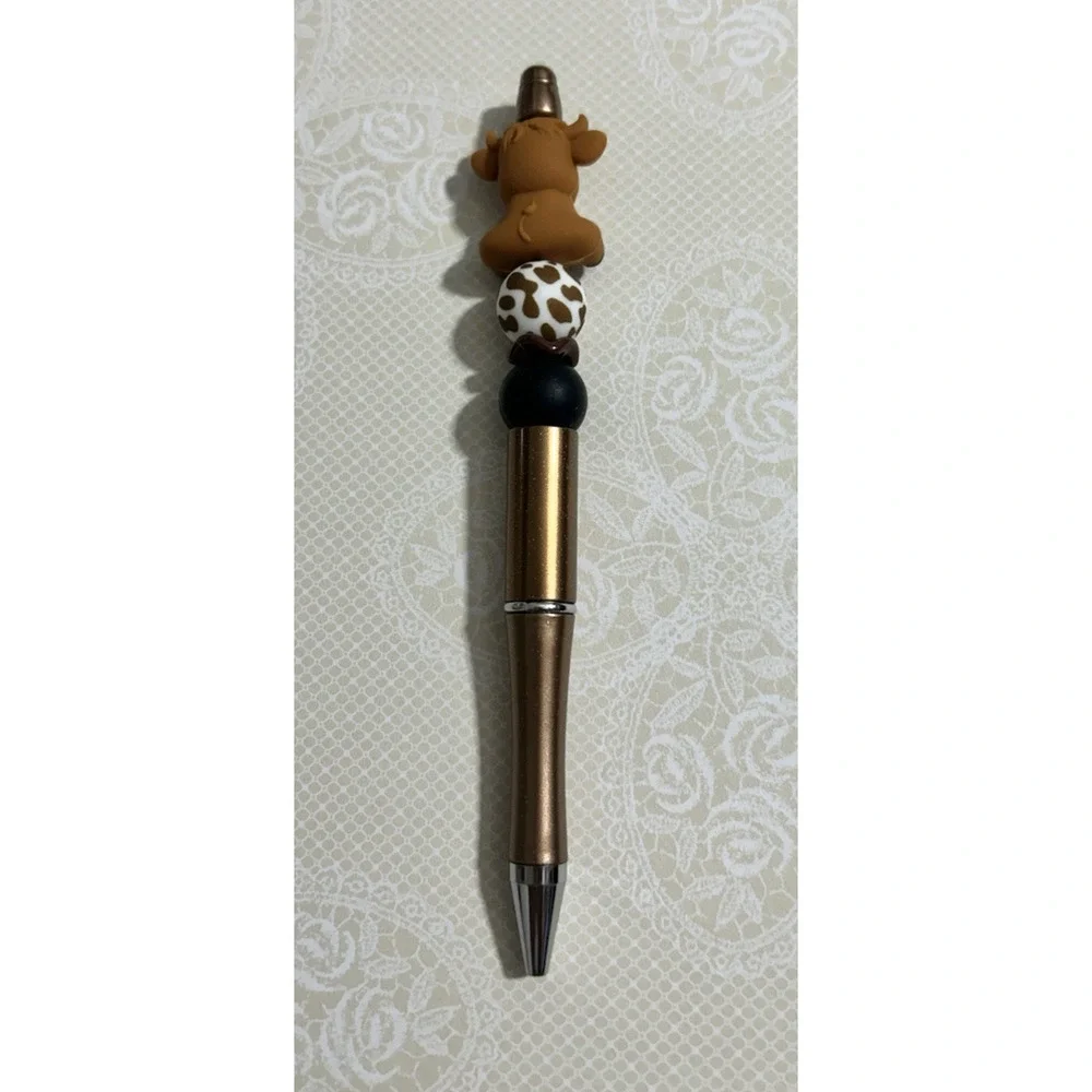 Custom Pen Highland Cow Brown Metallic Beaded Black Ink Western Cowgirl - Picture 4 of 4